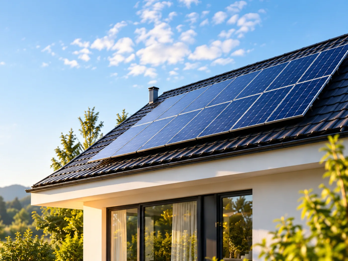 Obiteljska kuća sa solarnim panelima na tamnom crijepu