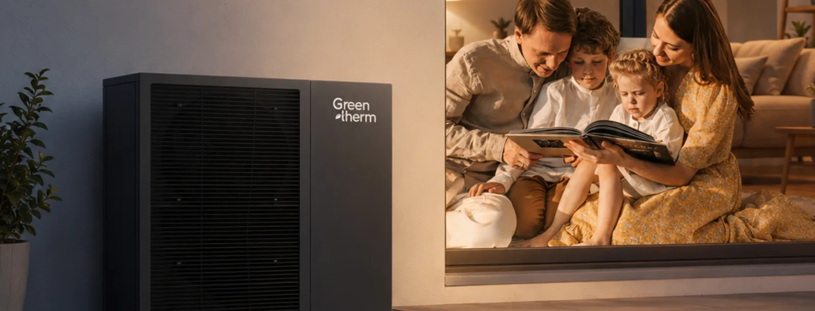 Dizalica topline Green Therm uz kuću, obitelj u osvijetljenoj sobi