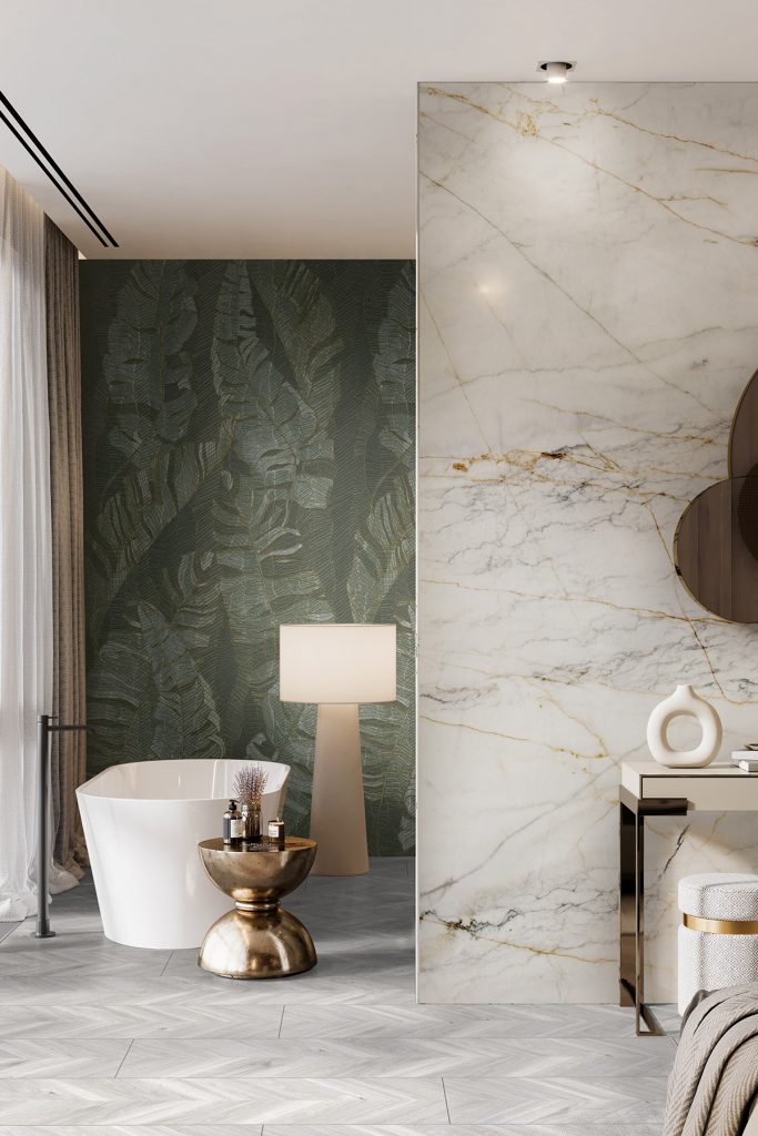 3D rendering of large bathroom with bathtub. Luxurious and elegant bathroom interiors in a hotel room.